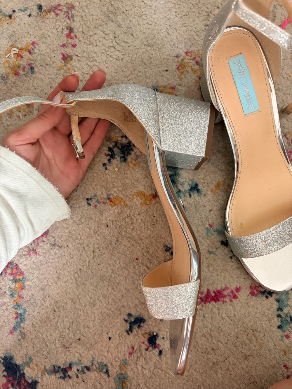 Betsey Johnson Silver Glitter Block Heel Sandals